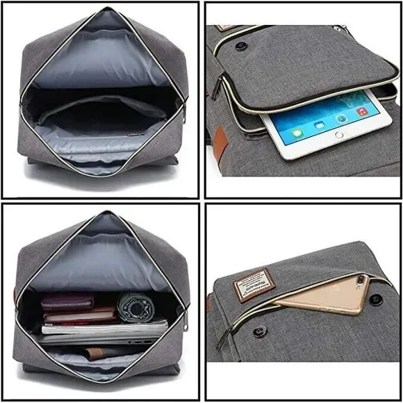 Canvas Grey 15.6" Laptop Backpack USB Charging Port - British Vintage Style - Picture 5 of 15